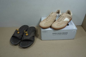 Ladies Sie 10 Sneakers and Mens Size 9 Slides