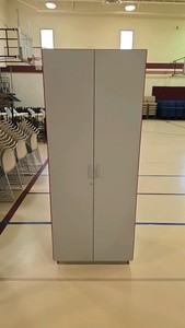 Gray Storage Cabinet with Red Trim