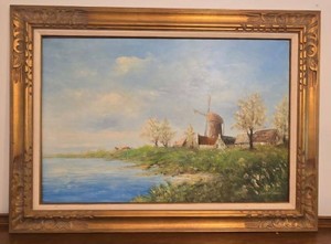 Original Oil Painting Canal in Springtime Dutch Landscape Framed