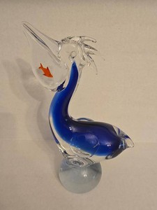 Murano Style Art Glass Pelican Figurine Blue With Fish 10in
