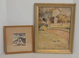 Framed Landscape Painting & Cottage Print Wall Art Set