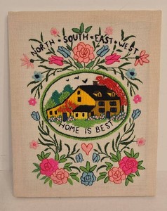 Vintage Hand Embroidered Folk Art Needlework Wall Hanging 11x14