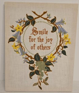 Vintage Embroidered Motto Wall Hanging Smile for the Joy of Others