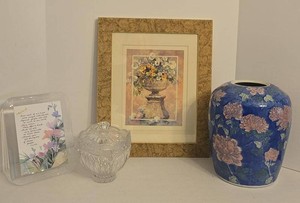 Lot of Decorative Home Accent Pieces Framed Print Jar Glass Dish
