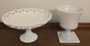 Pair of White Milk Glass Pedestal Compote Bowl & Urn Vase Set