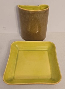 Red Wing Pottery Villager Vase & Square Tray Chartreuse Brown Set