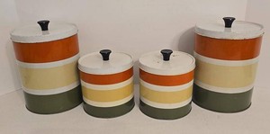Set of 4 Vintage Metal Kitchen Canisters Harvest Stripe w Lids