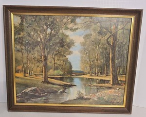 Vintage Framed Woodland Stream Landscape Print Signed Art 18x22