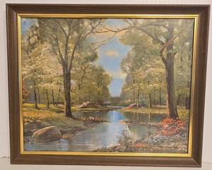 Framed Landscape Print Woodland Stream Scene Signed 18 x 22
