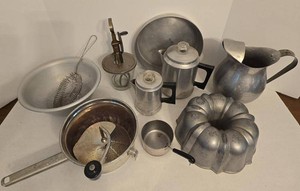 Vintage Aluminum Kitchenware Lot Coffee Pots Food Mill Bundt Pan