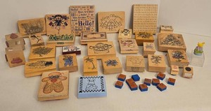 Vintage Wood Mounted Rubber Stamp Craft Lot Holiday Floral Scenic
