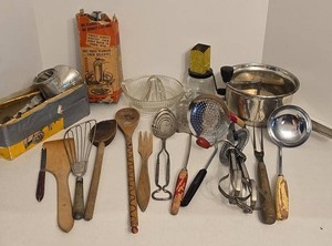 Box Lot of Vintage Kitchen Utensils w Food Mill Grinder Juicer