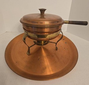 Vintage Copper Chafing Dish Warming Set Brass Stand Tray Wood Handle