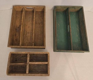 Primitive Wooden Organizer Tray Set Farmhouse Green & Natural