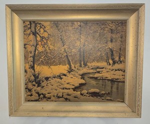 Vintage Winter Landscape Framed Wall Art Snowy Stream 36 x 30