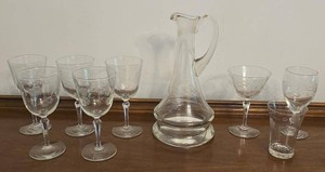 Vintage Etched Glass Decanter & Stemware Barware Set Floral Pattern