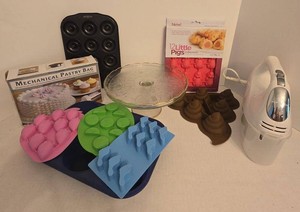 Box Lot of Assorted Baking Molds Hand Mixer Cake Stand Pastry Bag