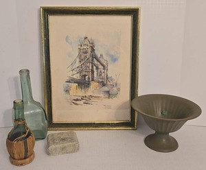 Vintage Decor Lot Framed Tower Bridge Print Green Glass Compote Bottles