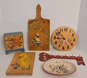 Scandinavian Folk Art Painted Wood Decor Bread Plate Clock Lot