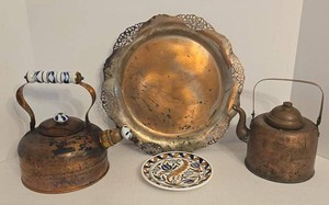 Vintage Copper Kettles Silverplate Tray & Hand Painted Dish Decor Lot