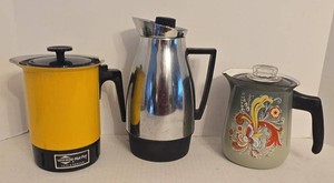 Vintage Coffee Pot Carafe Lot West Bend Floral Enamel Chrome Set