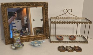 Vintage Home Decor Lot Gilt Mirror Brass Wall Shelf Porcelain Miniatures