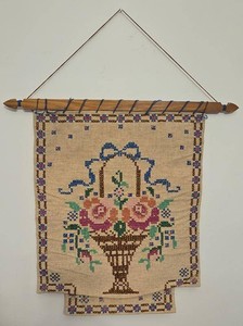 Vintage Floral Needlepoint Linen Wall Hanging on Wood Rod 19x16