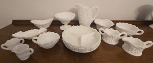Vintage Milk Glass Serving Set Pitcher Compote Divided Dish Bowls