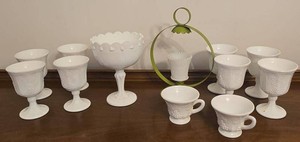 Vintage Milk Glass Grape Pattern Goblets Cups Compote & Candle Holder