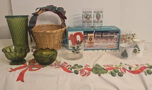 Vintage Christmas Decor Lot Glassware Tablecloth Basket & Green Vase