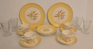 Taylor Smith Taylor Autumn Gold China Set w Footed Glasses