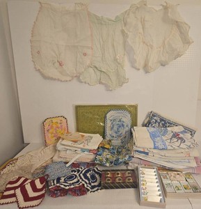 Mixed Vintage Linens Aprons Crochet Textiles & Floral Mirror Table Set