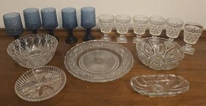 Lenox Blue Goblets & Vintage Pressed Glass Serving Pieces Lot
