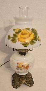 Vintage Floral Milk Glass Hurricane Table Lamp Hand Painted 18in