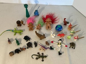 Vintage Mixed Small Figurine Lot Trolls Animals Wood Ceramic Plastic