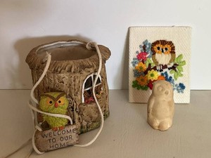 Vintage Owl Decor Lot Enesco Hanging Planter Needlepoint Figurine