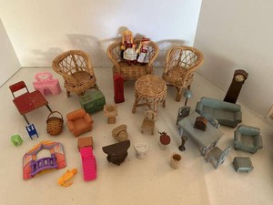 Vintage Mixed Dollhouse Furniture Lot Wicker Wood Plastic Dolls