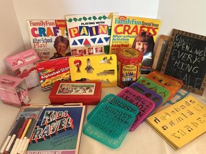 Vintage Kids Craft Activity Lot Crayola Tin Stencils Chalkboard
