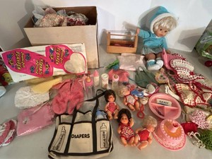 Vintage Doll Clothing & Accessories Lot Baby Doll Mini Dolls Cradle