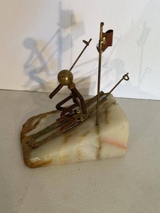 Vintage DeMott Artisan Brass Copper Skier Figure Sculpture on Onyx Marble Base Signed by Artist