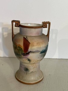 Hand Painted Nippon Porcelain Scenic Two Handle Pedestal Vase 5 tall