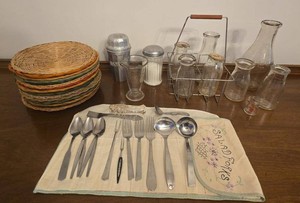 Vintage Kitchen Housewares Lot Milk Bottles Carrier Flatware Plate Holders