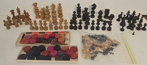 Vintage Wooden Chess Pieces & Checkers Mixed Lot Incomplete Sets