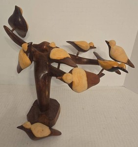 Hand Carved Wood Bird Tree Sculpture Folk Art Table Decor Set