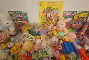 Vintage Easter Decor & Candy Lot w PEZ, PAAS Kits, Plush, Glass Eggs