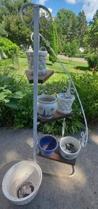 White Metal Tiered Plant Stand with Assorted Ceramic Planters