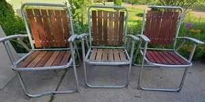 Set of 3 Vintage Aluminum Folding Lawn Chairs Wood Slat Patio