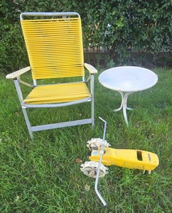 Vintage Patio Chair Side Table & Nissen Push Garden Tool Lot