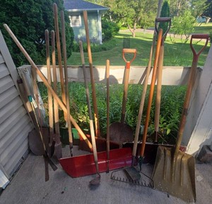 Lot of Assorted Long Handle Garden Yard Tools Shovels Rake Snow Scoop