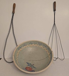 Primitive Hand-Painted Wooden Bowl & Wire Kitchen Utensil Lot